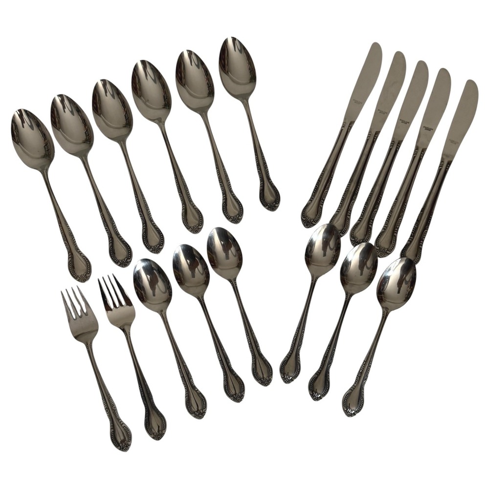 Columbia Stainless Flatware Set Made In Japan 19 Piece Beaded Edge Floral VTG